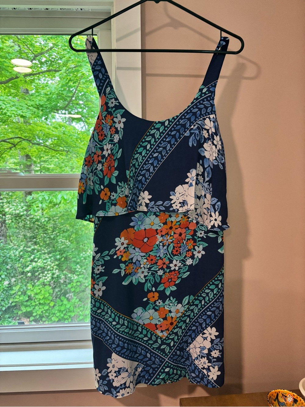 Maeve Navy Floral Layered Mini Dress with Orange & Teal Accents